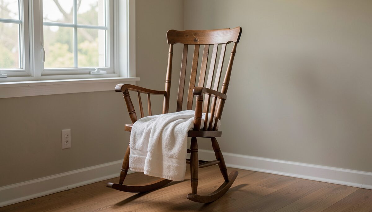 A wooden rocking chair beside a window in a simply furnished room, a folded cotton blanket over its arm, afternoon light, no people, documentary photograph